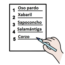Lista co nome de animais; oso pardo, xabaril, sapoconcho, salamántiga e corzo.