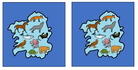 Dous cadrados azuis cun mapa con animais galegos como lobo, oso pardo, raposo, píntega, cabalo, salmón, polbo, aguia e tartaruga