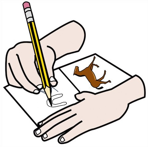 Mans debuxando cun lapis un cabalo e a súa pegada