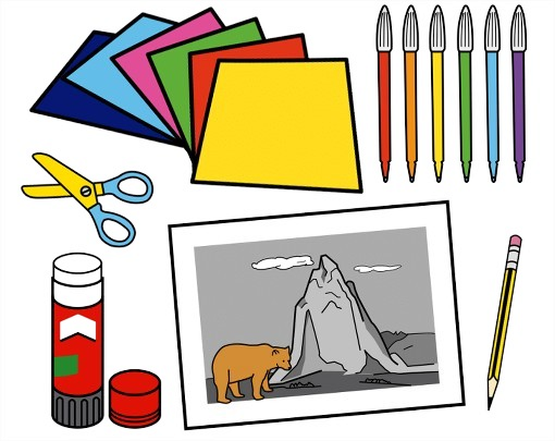 Cartolina, rotuladores, pegamento, tesoiras, lapis e fotografía dun oso