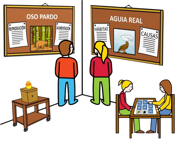 Ilustración dunha exposición interactiva con dous paneis, un sobre un oso e outro sobre unha aguia, un neno e unha nena de costas, unha mesa cun ovoscopio e outra mesa na que están xogando a un xogo de memoria dúas nenas.