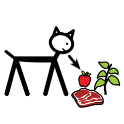 Animal ollando unha  mazá, unha planta e un filete