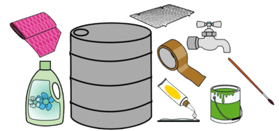 Bidón, botella de plástico, cinta adhesiva, silicona, billa, bote de pintura e pincel