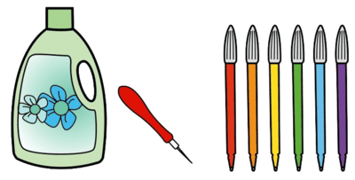 Botella de deterxente, punzón e rotuladores