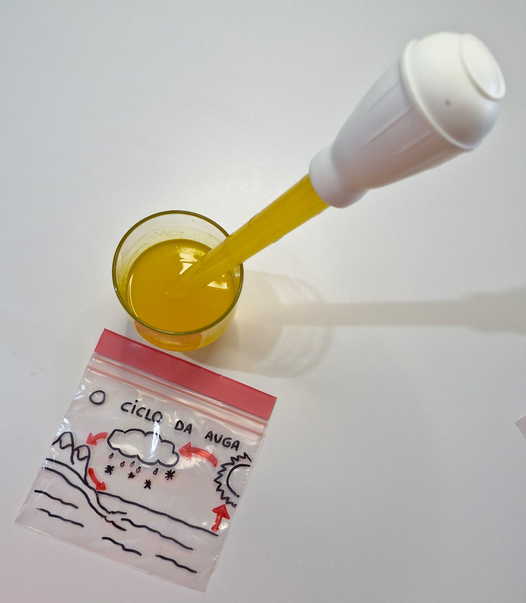 Imaxe dun vaso con auga tinguida con colorante, e unha pipeta para facer o trasvase