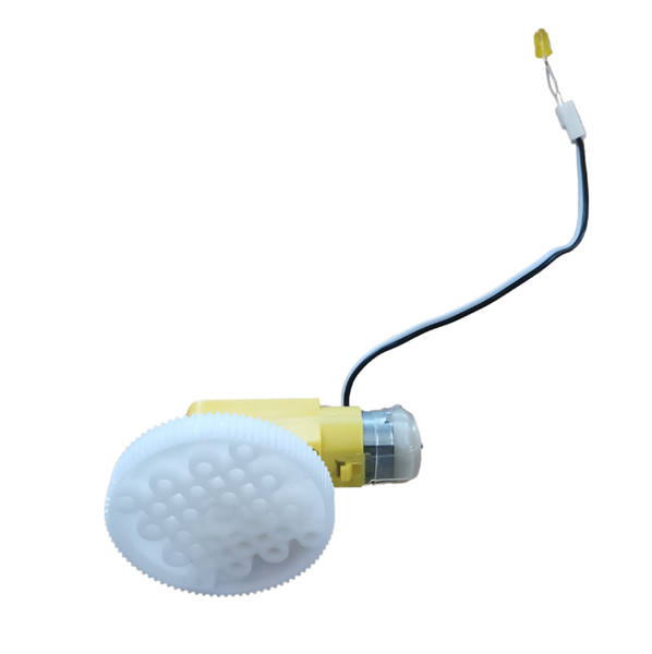 Fotografía dun aparello composto por unha roda dentada, un motor eléctrico e un LED, todo conectado.
