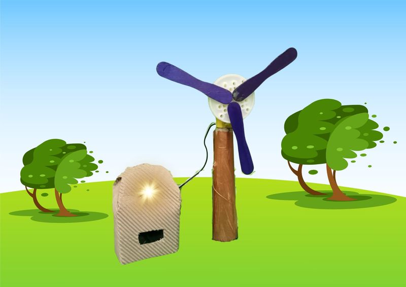 Fotografía do muíño eólico para producir electricidade e acender o LED