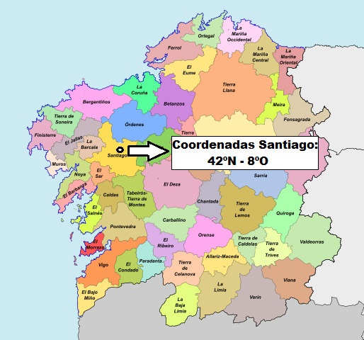 Mapa de galicia coas coordenadas de Santiago de Compostela