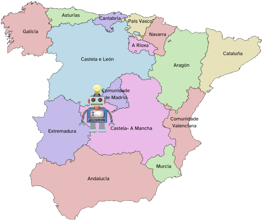 O robot Lucho no mapa de comunidades autónomas de España