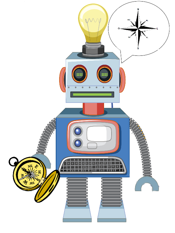 O robot Lucho cun compás na man pensando nos puntos cardinais