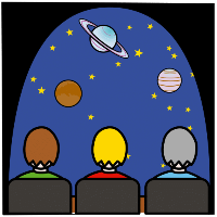 Tres persoas observando planetas