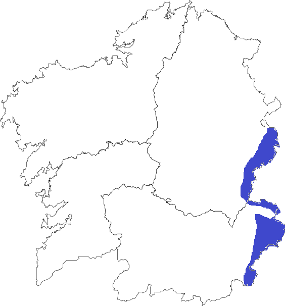 Oceánico de montaña (cREAgal) Mapa de Galicia coa zona de clima de montaña representado en azul escuro.