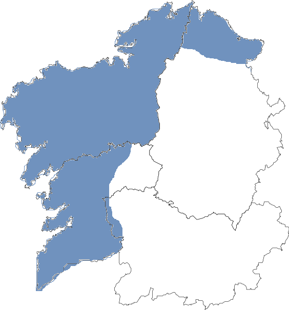 Oceánico costeiro (cREAgal) Mapa de Galicia coa zona de clima oceánico representada en azul. Esta área, situada principalmente na costa das provincias de Pontevedra e A Coruña.