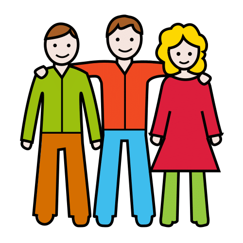 Debuxo esquemático que representa tres figuras humanas de fronte, colocadas xuntas, simbolizando un grupo de persoas.