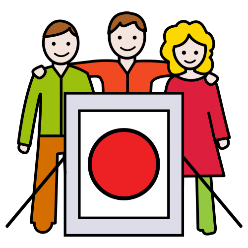 Debuxo esquemático que representa tres figuras humanas de fronte, colocadas xuntas, simbolizando un grupo de persoas.