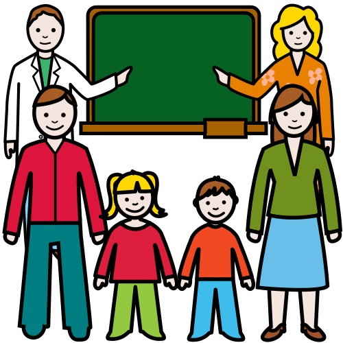 Pictograma que representa a comunidade educativa a través da imaxe de un neno, unha nena, unha nai, un pai, unha profesora e un profesor