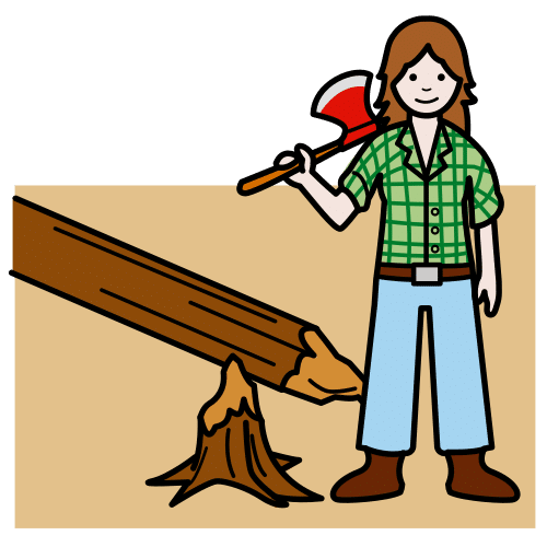 Persoa cunha árbore cortada e un machado na man