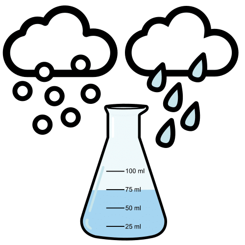 Pictograma que representa as precipitacións a través dun debuxo de dúas nubes descargando chuvia e sarabia e un vaso de precipitado dun laboratorio.