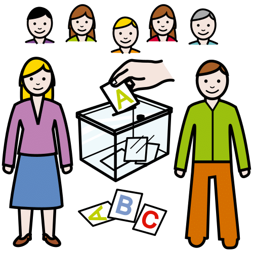 Xente arredor dunha urna de votacións (Arasaac)