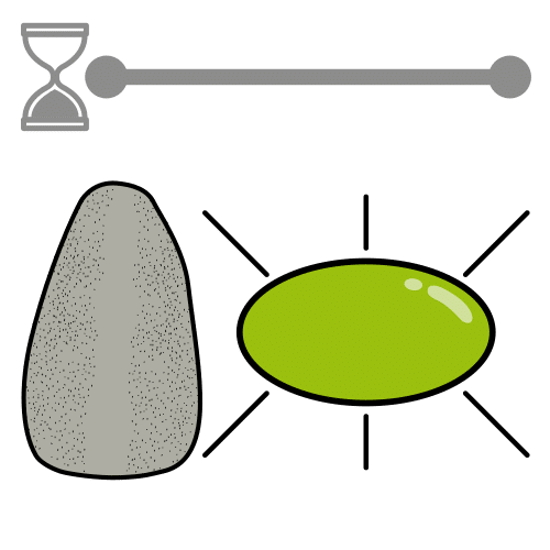 Pictograma que representa a Idade de Pedra, cun reloxo de area e pedras