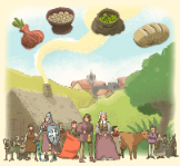 Ilustración de persoas da Idade Media, vense as casas  e os alimentos máis consumidos como pan e verduras.