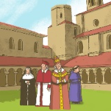 Ilustración de persoas do clero na Idade Media: monxe, bispo, monxa e cardeal.