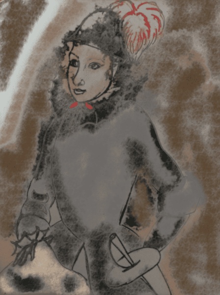 Debuxo de Isabel Barreto vestida cunha armadura e cun mapa na man.