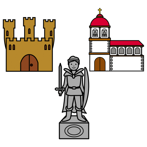 Estatua, castelo e igrexa