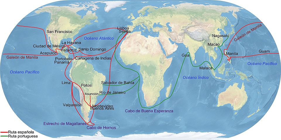 Mapamundi onde aparecen marcadas as rutas oceánicas da Idade Moderna