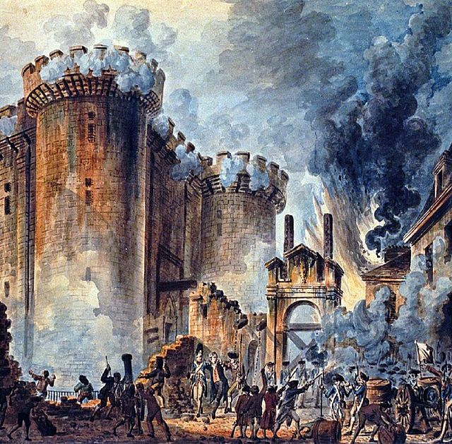 Cadro que representa a toma da Bastilla onde vense soldados e un edificio derruído polo lume. 