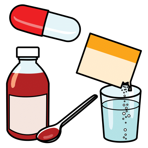 Jarabe, píldora y sobre de medicina sobre vaso