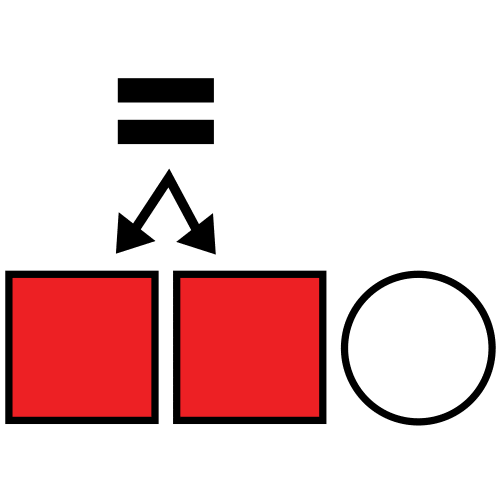 Dos cuadrados rojos iguales y un círculo