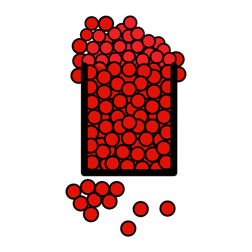 Bote lleno de bolas rojas. Algunas salen por fuera