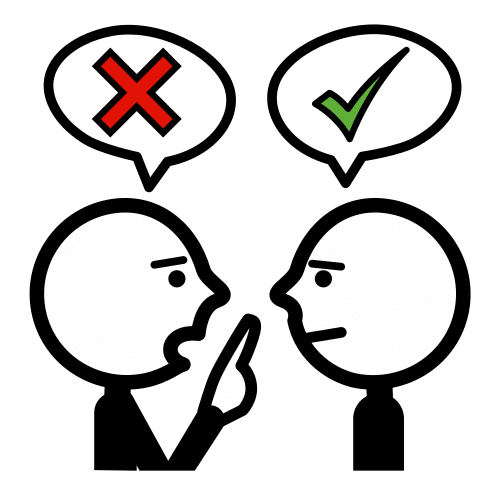 Dos personas hablando, una con un check verde y otra con una cruz roja como diálogo