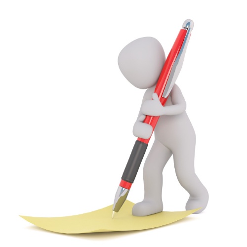 Silueta humana con bolígrafo gigante escribiendo en una hoja en el suelo