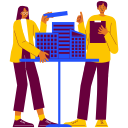 Dos personas mostrando el modelo de un edificio en pequeño