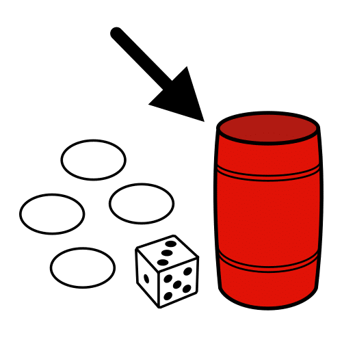 Cubilete con 4 fichas y un dado