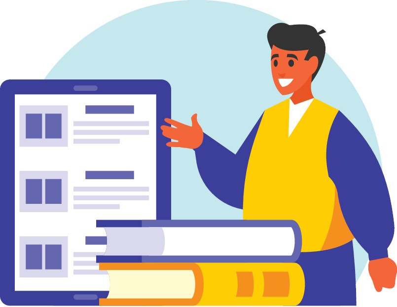 Un bibliotecario presenta libros digitales.