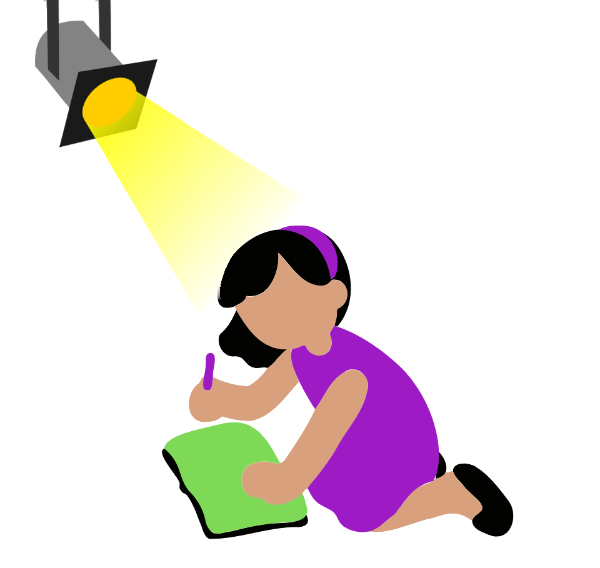 Un niña escribiendo en el suelo bajo un foco de luz