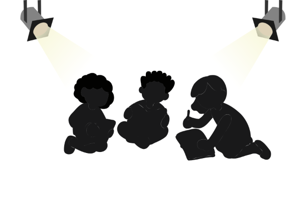 Siluetas en negro de 3 personas bajo unos focos