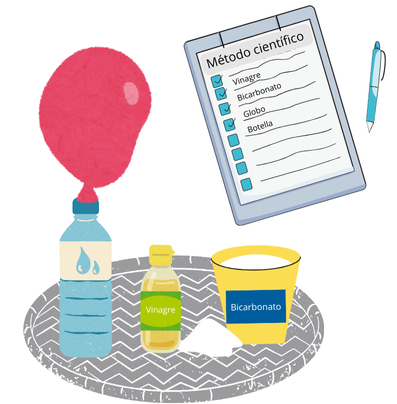 Unha botella cun globo en lugar de tapón. Ao carón un bote de bicarbonato e unha botella de vinagre.