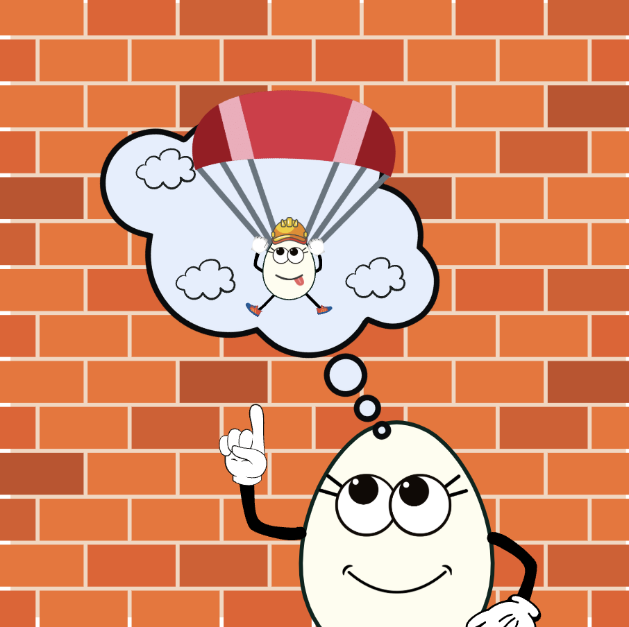 Humpty Dumpty imaxinando que voa cun prototipo voador.