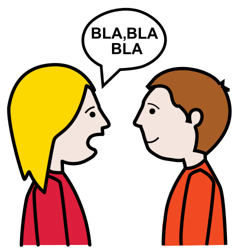 Dúas persoas falando, compartindo opinións.