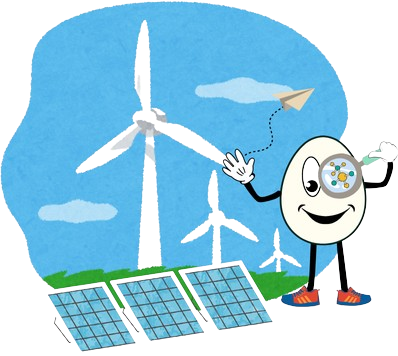 Humpty Dumpty sostendo unha lupa para observa a materia que o compón. Na outran man lanza un avión de papel. Por detrás míranse paneis solares e eólicos.