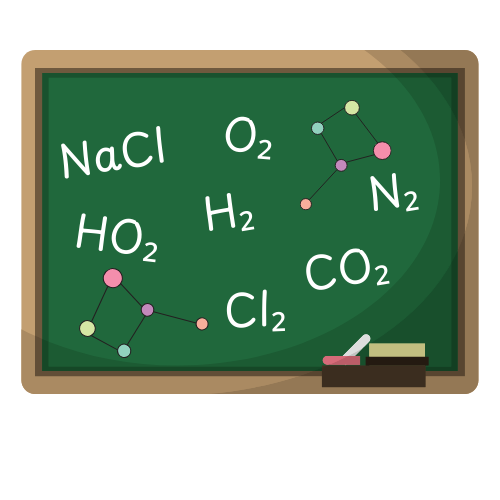 Elementos químicos ao redor dunha pizarra con fórmulas químicas.