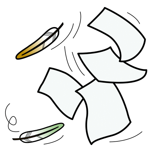 Follas de papel e plumas voando co vento.