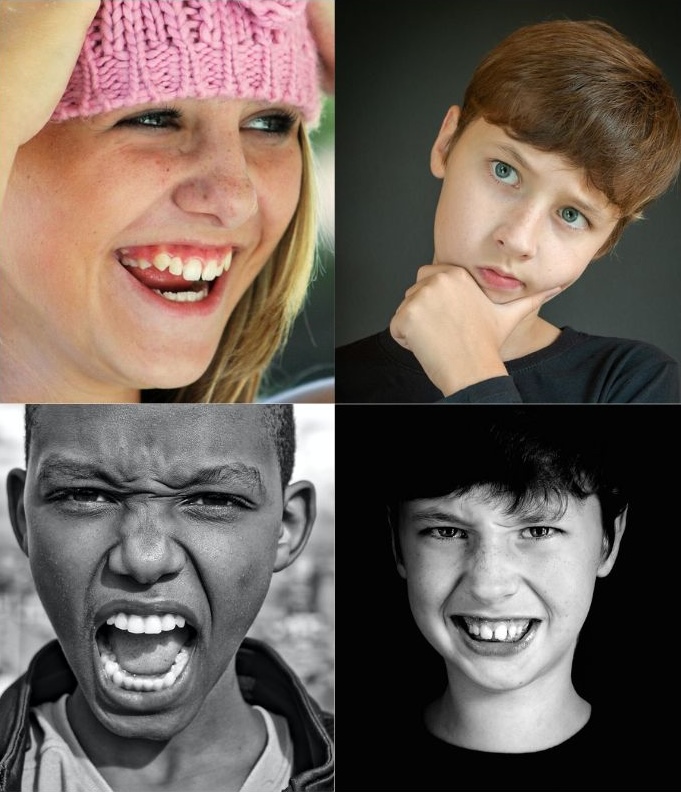 Imaxe de catro persoas expresando diferentes emocións: risa, incerteza, enfado e ira.