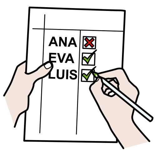 Pictograma que representa o listado do alumnado no que se marca cun V se está a/o estudante e cun X se non está.