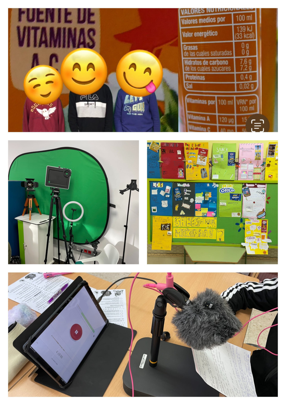 Collage con varias imaxes: unha dun vídeo duns nenos cun fondo de zume, un equipo de gravación con croma, unha exposición de carteis e outra dunha pequena estación de radio.