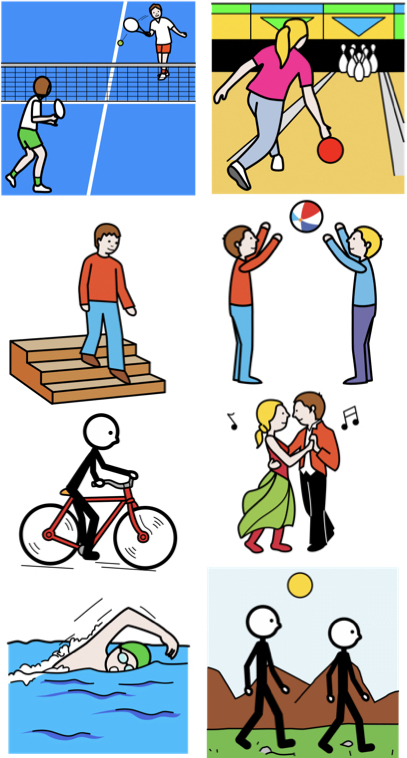 Diferentes actividades físicas como bailar, xogar á pelota, nadar, andar en bicicleta, camiñar, subir escaleiras, xogar aos bolos ou xogar ao padel.